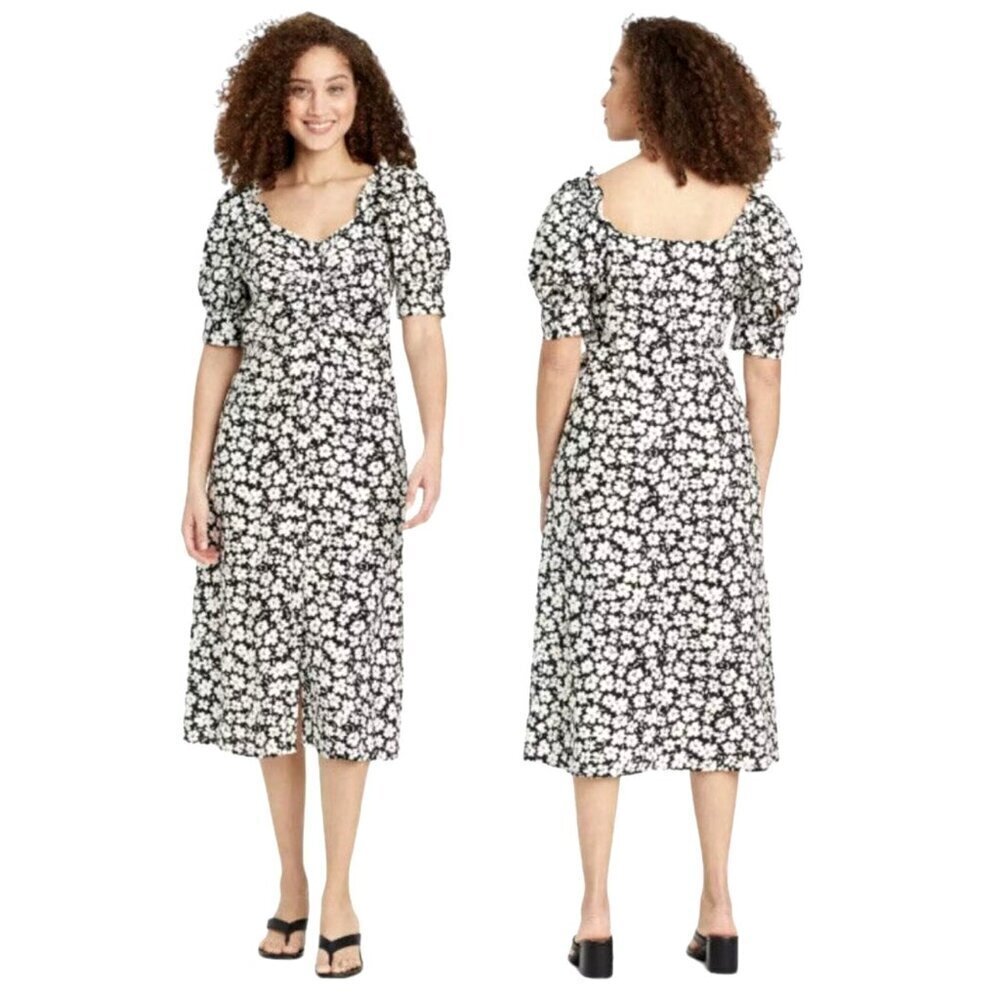 Who What Wear Dress Women Small‎ Black White Floral Print Puff Sleeve Midi Boho